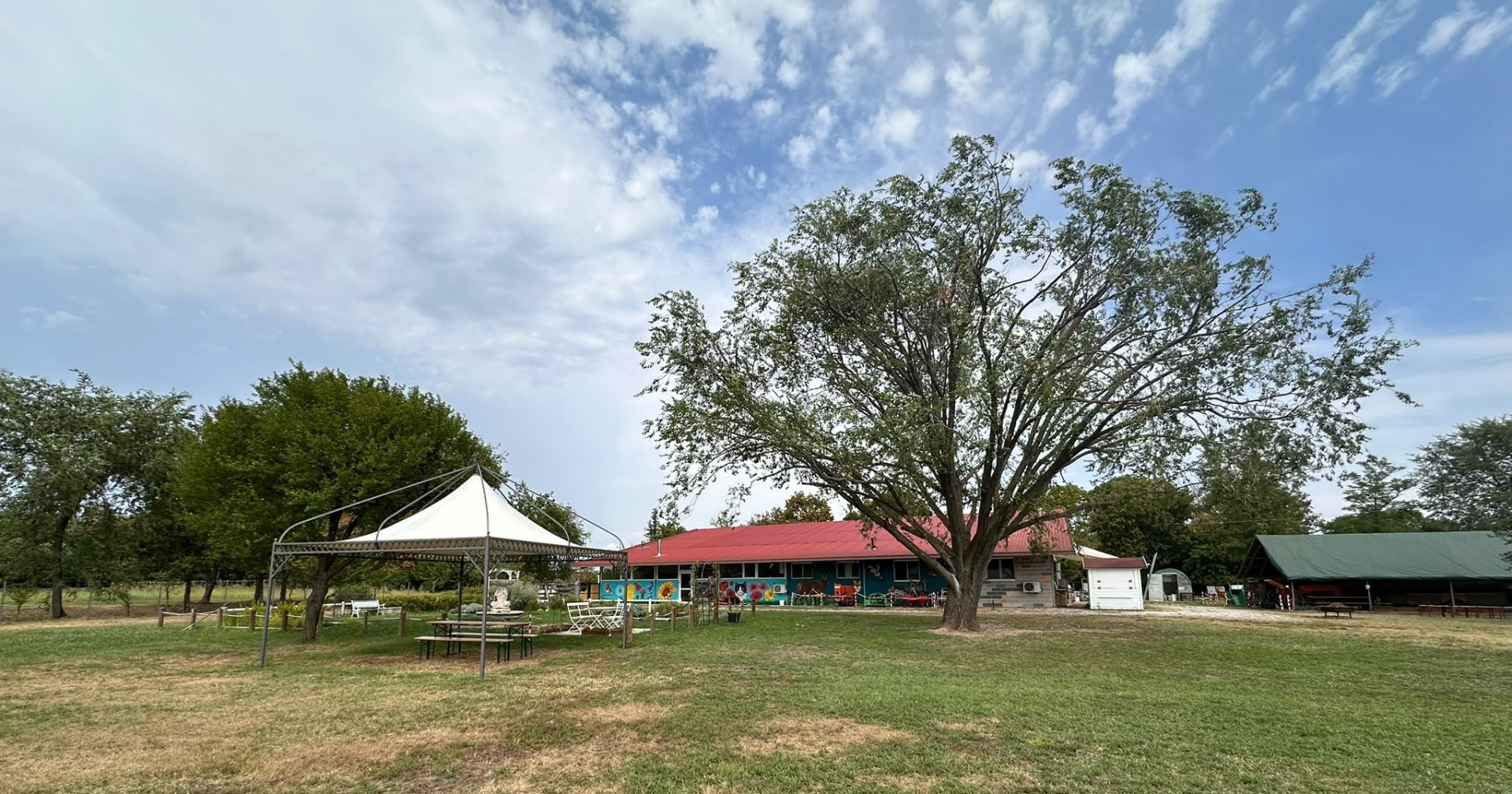 Veduta della fattoria L'Orto delle Api con il grande albero, il gazebo e il prato